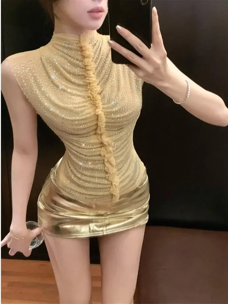 Kamizelki bez rękawów z dżetami Damskie Półgolf Falbany Wąskie Siateczkowe Topy Y2k Pikantne Dziewczyny Koreański Styl Letnia Odzież Uliczna Szyk