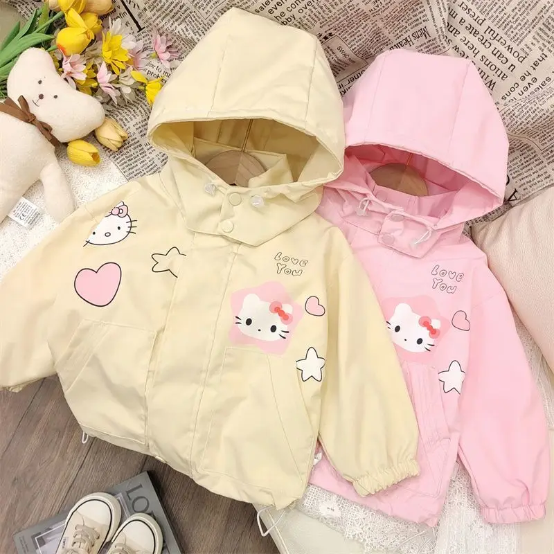 Sanrio Girl Hooded Coat Child Baby Cute Sweet Hello Kitty Cartoon Printing Spring Autumn Light Thin Leisure Fashion Windbreaker