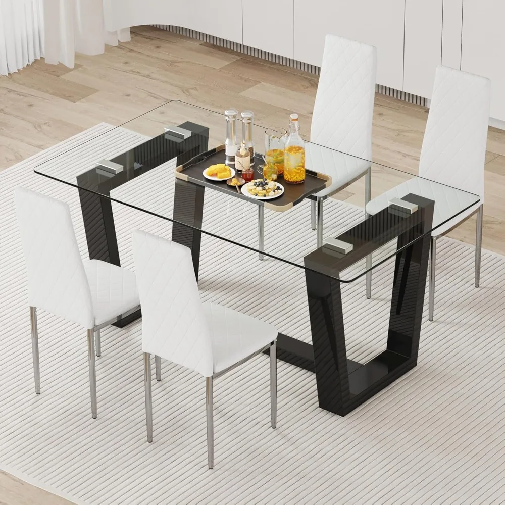 5 Piece Dining Room Set, Dinings Table with MDF Trapezoid Bracket, with 4 PU Leather Chairs, Dining Room Set