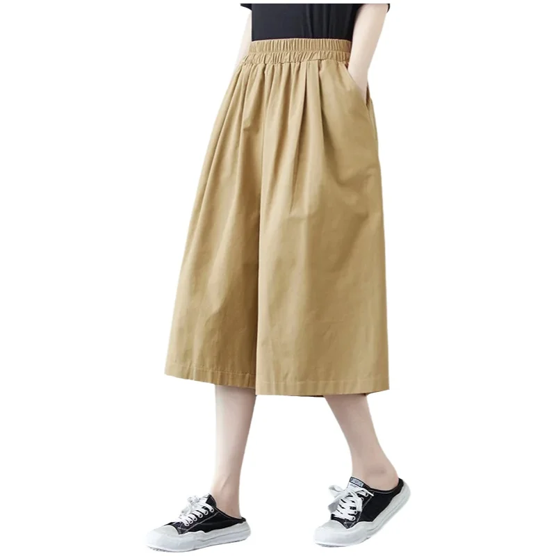 Plus Size Women's Cotton Linen Wide Leg Pants Summer New Style Korean Version Loose Casual Seven-Footed Pants for Plump MM