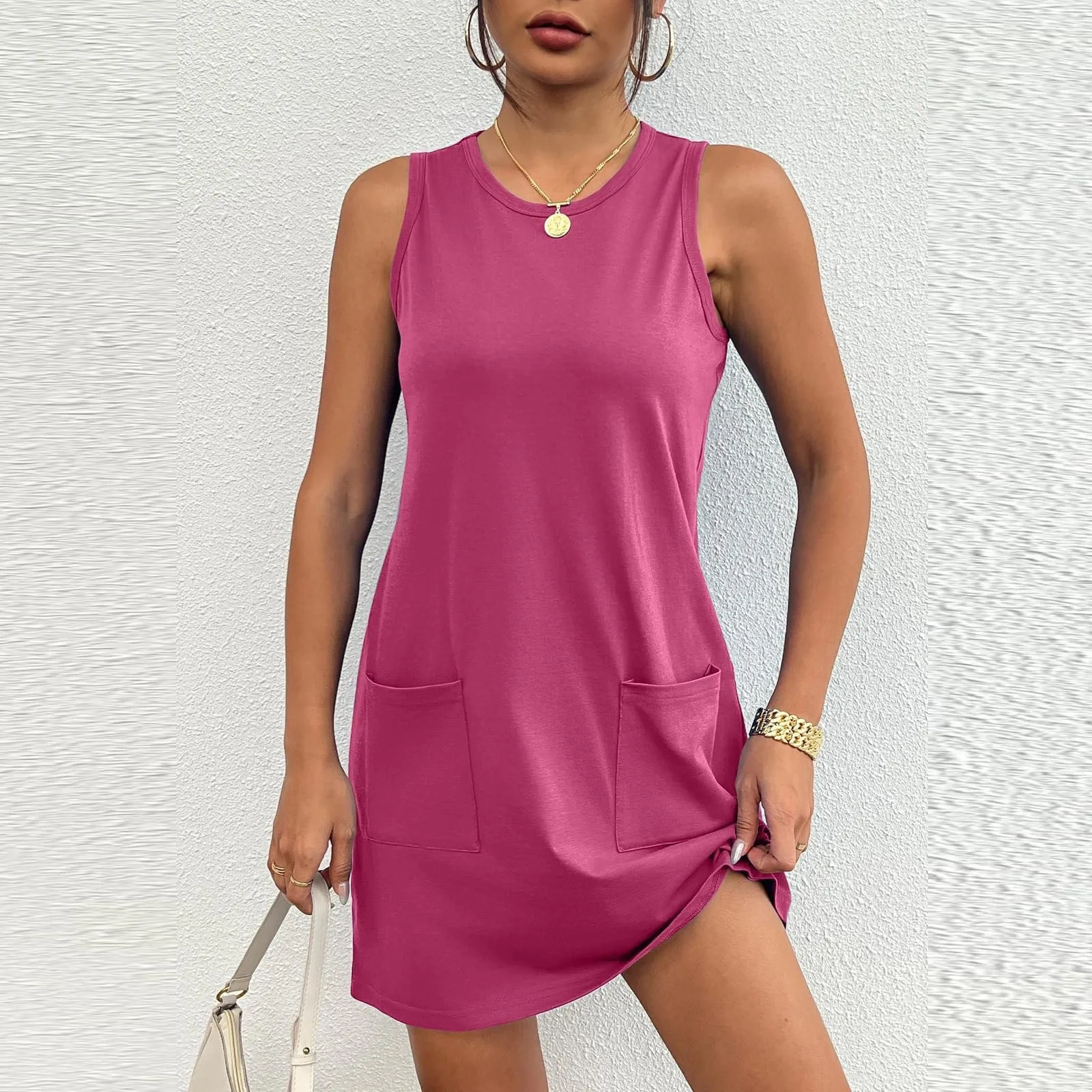 

Summer Plus Size Casual Dresses For Women Solid Color Loose Casual Sport Tank Dress Fashion Versatile Sleeveless Pocket Dresses