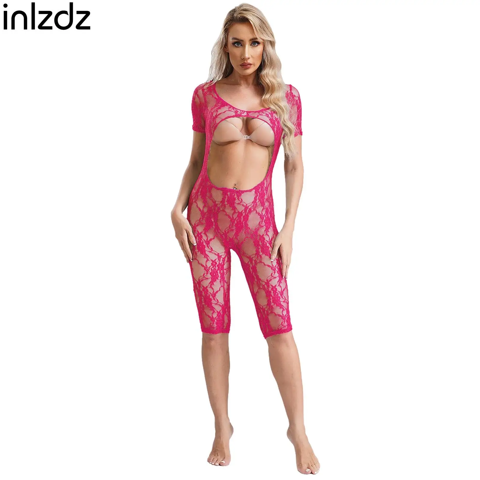 

Women Sexy Expose Breasts Bodysuit Clubwear Short Sleeve Sheer Mesh Lace Floral Jumpsuit One-Piece Cutout Out Leotard Nightwear