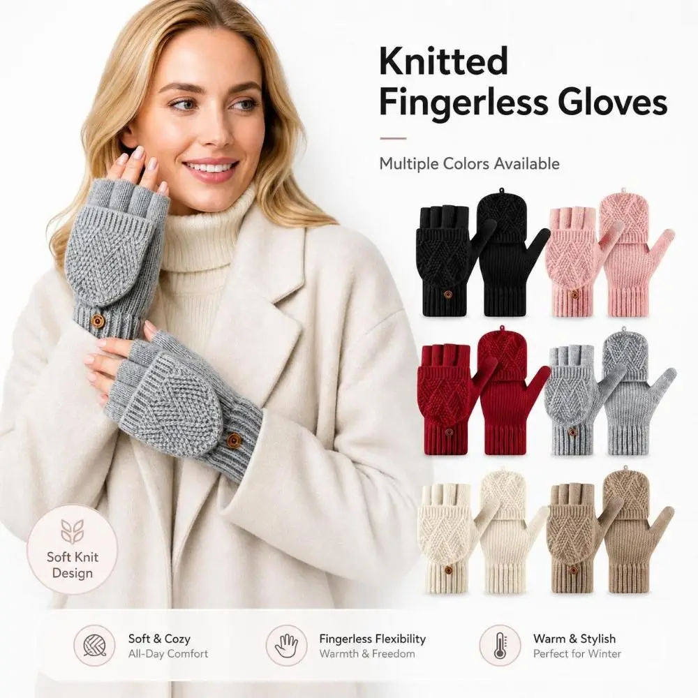 Fashion Thick Winter Knitted Gloves Keep Warm Solid Color Fingerless Flip Gloves Touchscreen Gloves Outdoor