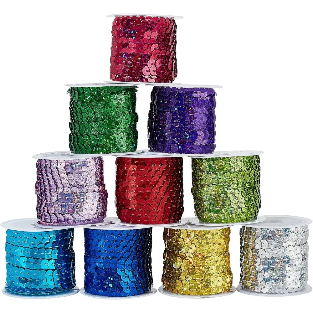 50 Yards Spangle Flat Sequins 10 Color 6mm Flat Sequin Strip Trim Paillette Spool String Shiny Trim Sewing Paillette String