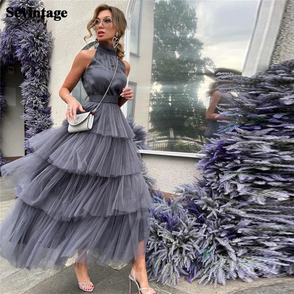 

Sevintage Customized Grey Tulle Evening Dresses Halter Tiered Ankle Length Formal Women Prom Gowns Special Occasion Dresses 2023