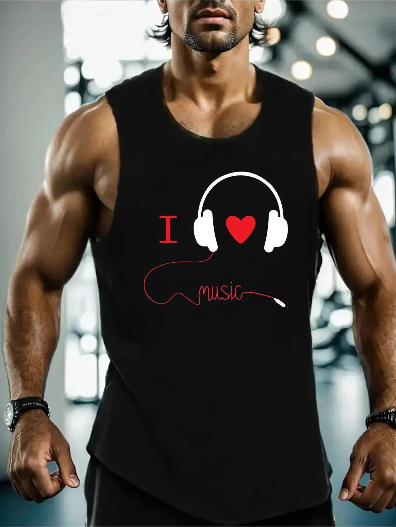

Men's muscle-tight sleeveless tank top - Lightweight elasticated earphone pattern fitness top