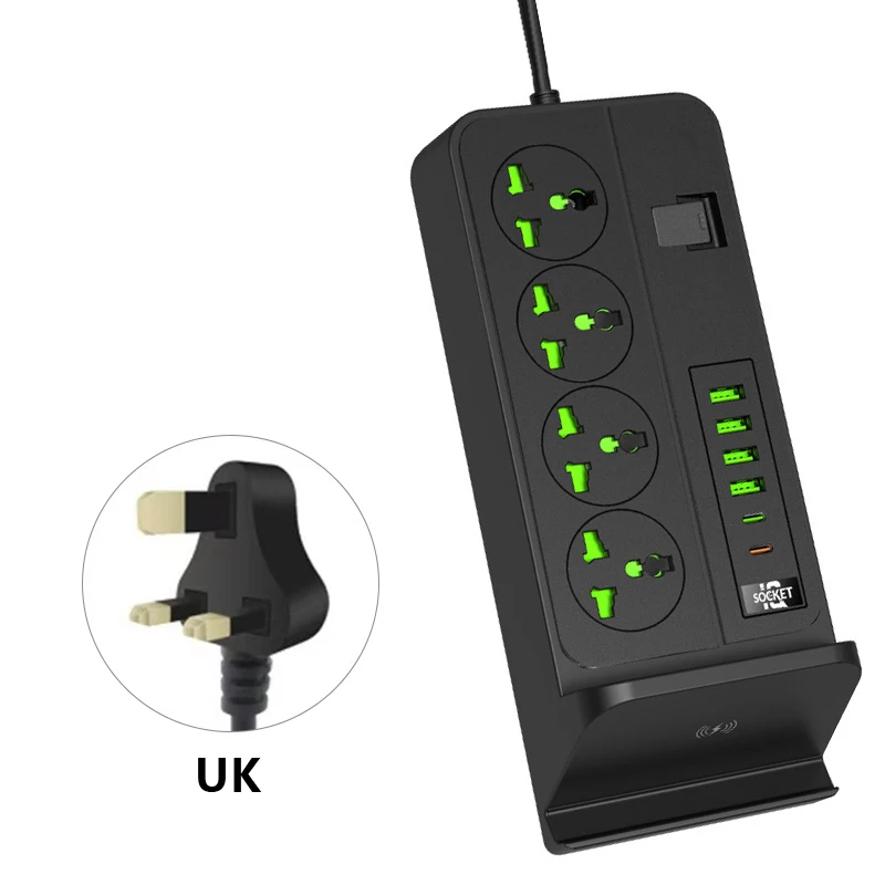 Tipo-C Faixa de Energia USB, 10 Portas, UE, EUA, UK Plug, Carregador do Telefone Sem Fio, Carregamento Rápido, Cabo de Extensão, Tomada Elétrica, Telefone Stander