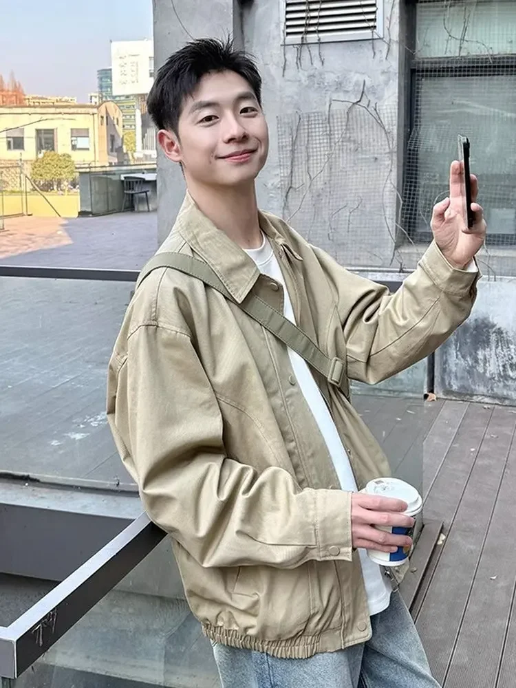 

Повседневная свободная куртка с воротником чистого цвета, рабочая одежда для мужчин, весна-осень, универсальный простой рукав, застежка-молния, длинный рукав