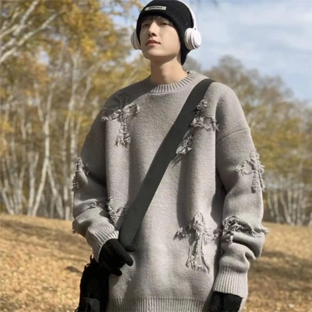 

Свитер с круглым вырезом в японском стиле для мужчин и женщин, простой и свободный, винтажный, однотонный, рваный