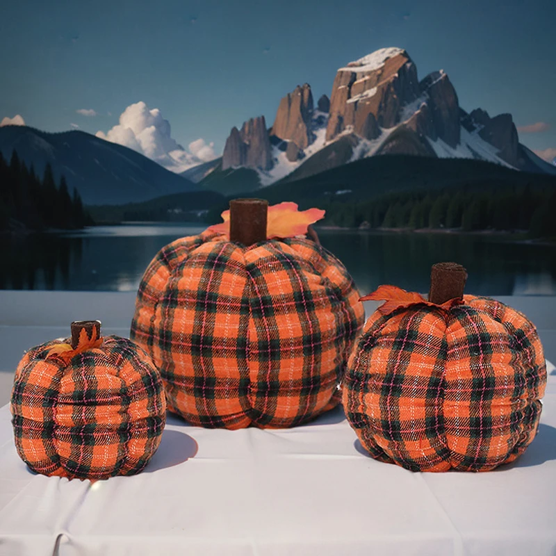 Halloween Plaid Pumpkins Harvest Festival Thanksgiving Decorative Supplies Knitted Fabric Pumpkin Ornament Props Multiple Sizes