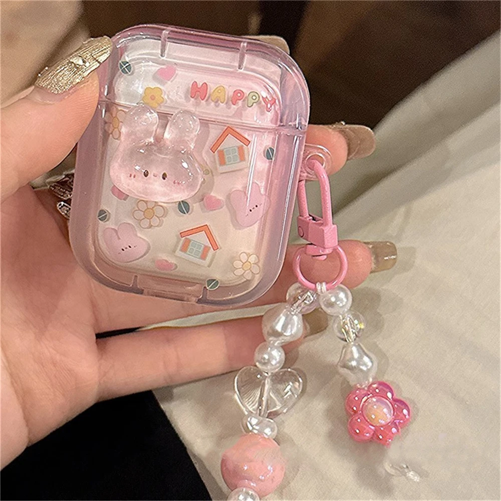 Étui pour écouteurs lapin 3D mignon, coque de protection, coque souple, pendentif perles de coeur d\'amour, AirPods Pro 2, AirPods 1, 2, 3