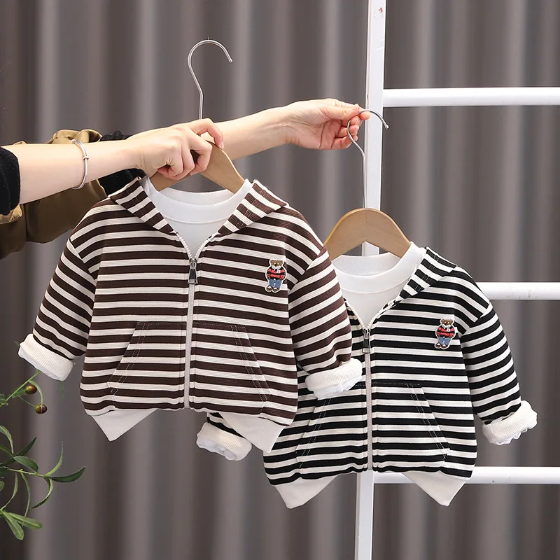 

2024 Girls Hooded Coat Boys Striped Cartoon Cotton Jacket Spring Autumn New Children Fashion Casual Cute Clothes 12M-6 Years Old