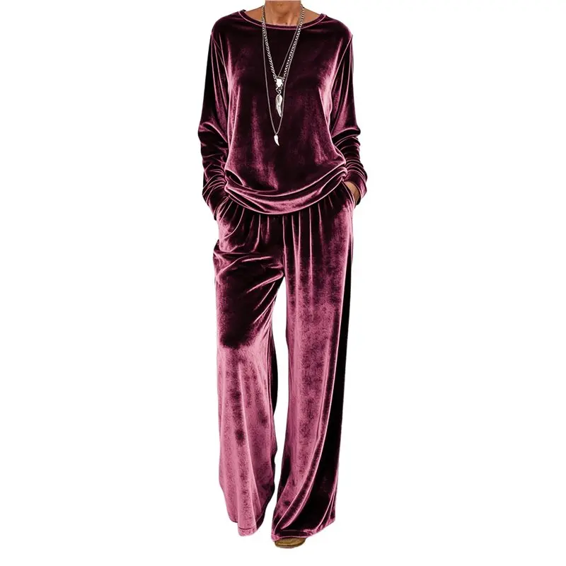 

Женский повседневный комплект CYL: пуловер с круглым вырезом и длинными рукавами, бархатные брюки, комплект из двух предметов