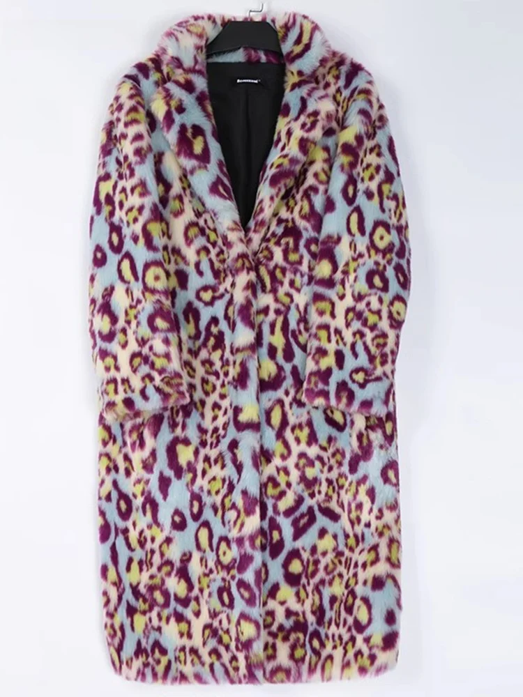 Nerazzurri Fashion Leopard Print Eco-Friendly Fur Coat Women's Mid-Length Slim Plush Outerwear Winter Korean Style