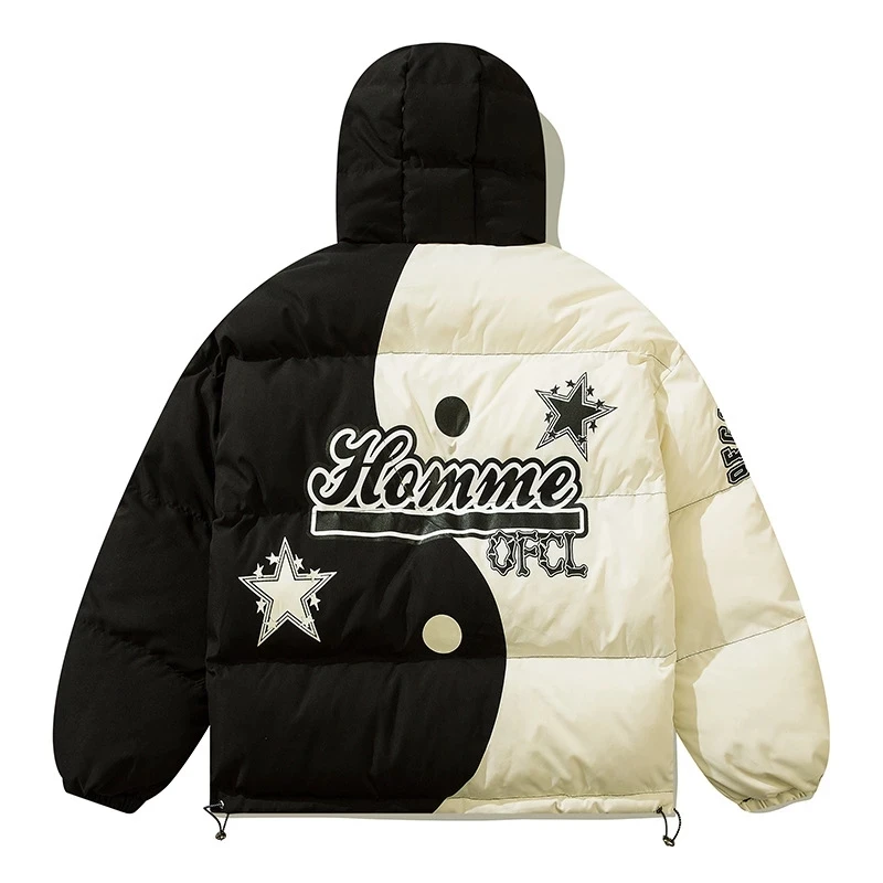 Jaqueta masculina Yin Yang Esqueleto Estampado Parka, Casal Streetwear, Outwear, Jaqueta acolchoada Harajuku, Casaco quente solto com capuz, Unisex,