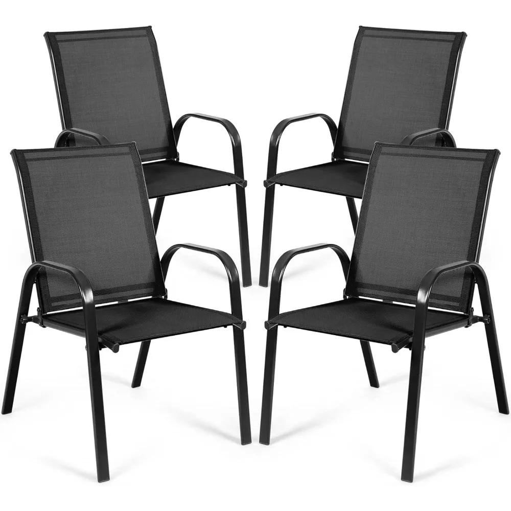 4 Piece Patio Dining Chairs, Outdoor Bistro Chairs W/Curved Armrests, Easy-to-Dry Fabric, Reinforced Steel Frame, Wide & Comfor
