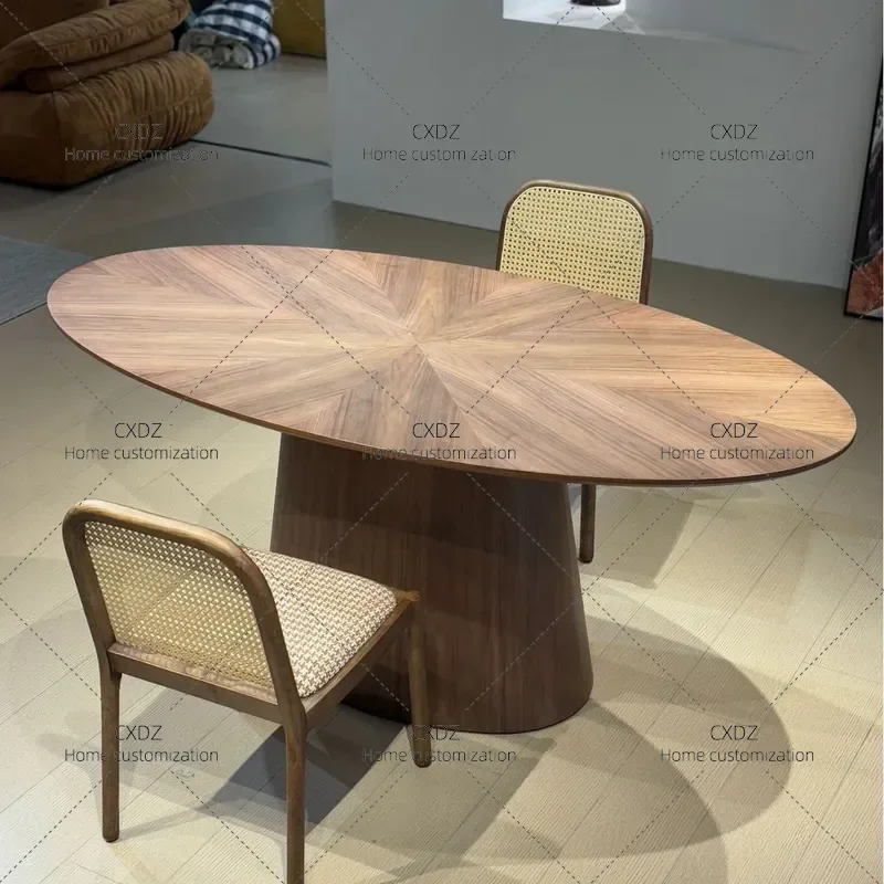 Medieval Walnut Oval Dining Table Retro Parquet Solid Wood Table for Household Medium Large Apartment