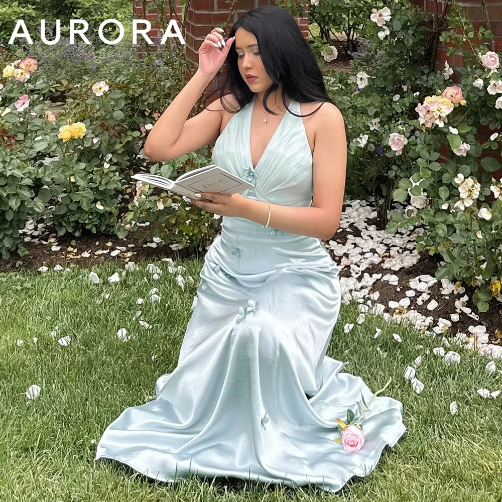 Aurora Elegant Vintage Halter Deep V Sleeveless Ruched Satin Garden Formal Evening Dress With 3D Flowers شارون سعيد Customized