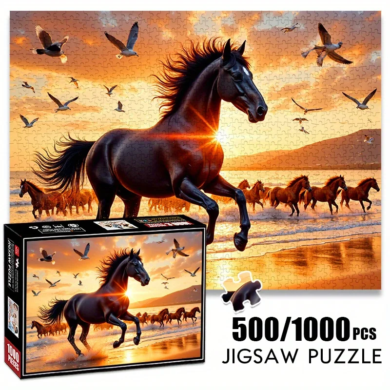 500/1000pcs Paper Puzzle: Sunset Coast Galloping Horses and Seagulls, Adult Game Large Jigsaw Toy Gift for Family Interactive