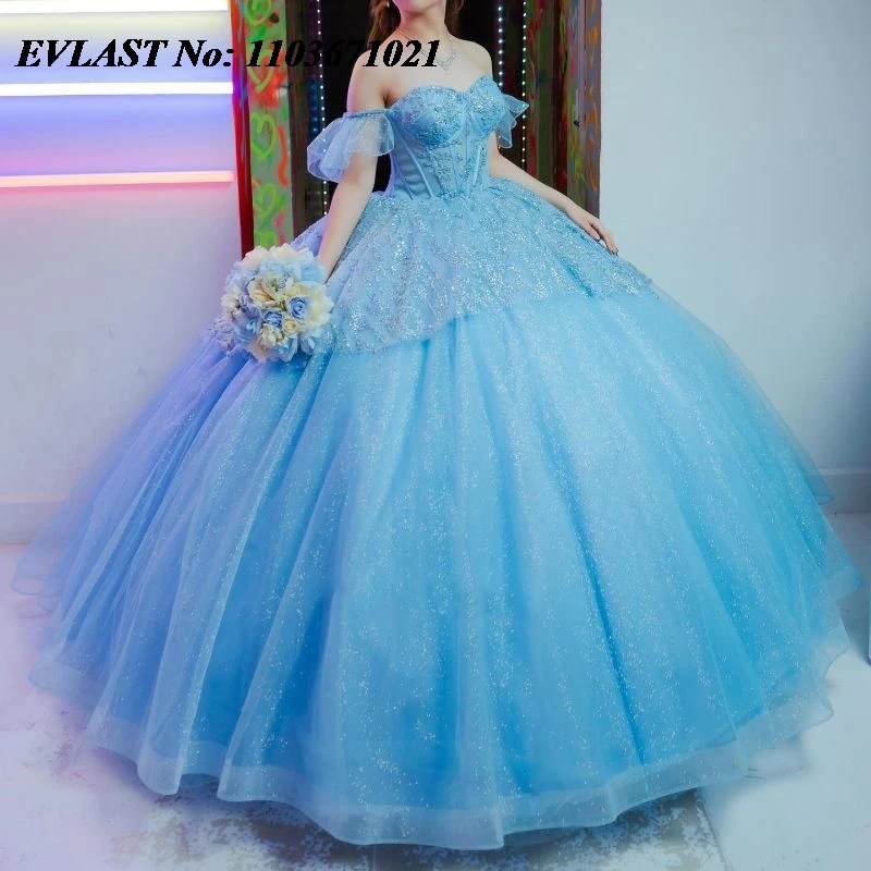 

EVLAST мексиканское синее платье Quinceanera бальное платье блестящая Кружевная аппликация отделанный бисером ярусный корсет Sweet 16 Vestidos De XV 15 лет SQ135