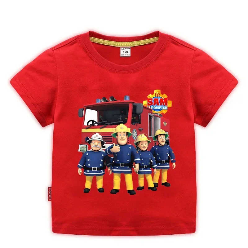 Children Cartoon Fireman Sam Print Cotton T-shirts for Boy Shirt Girl Short Sleeve Tee Top Clothes Kids Clothing Unisex 2-10Year