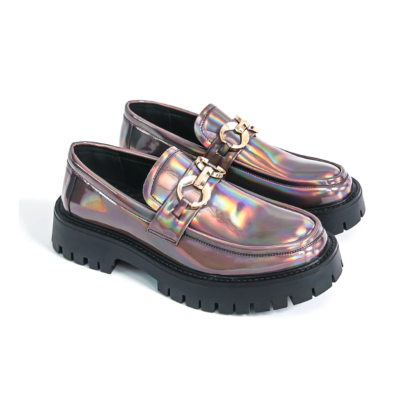 Men Luxury Thick Sole Height Increasing Loafers Metal Decor Patent Leather Formal Business Wedding Party Platform Dress Shoes