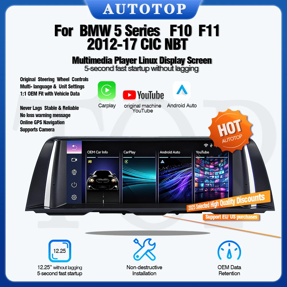 AUTOTOP 10.25 1920*720 Wireless Carplay Android Auto Lettore Multimediale Touchscreen per BMW Serie 5 F10 F11 CIC NBT 2012-2017