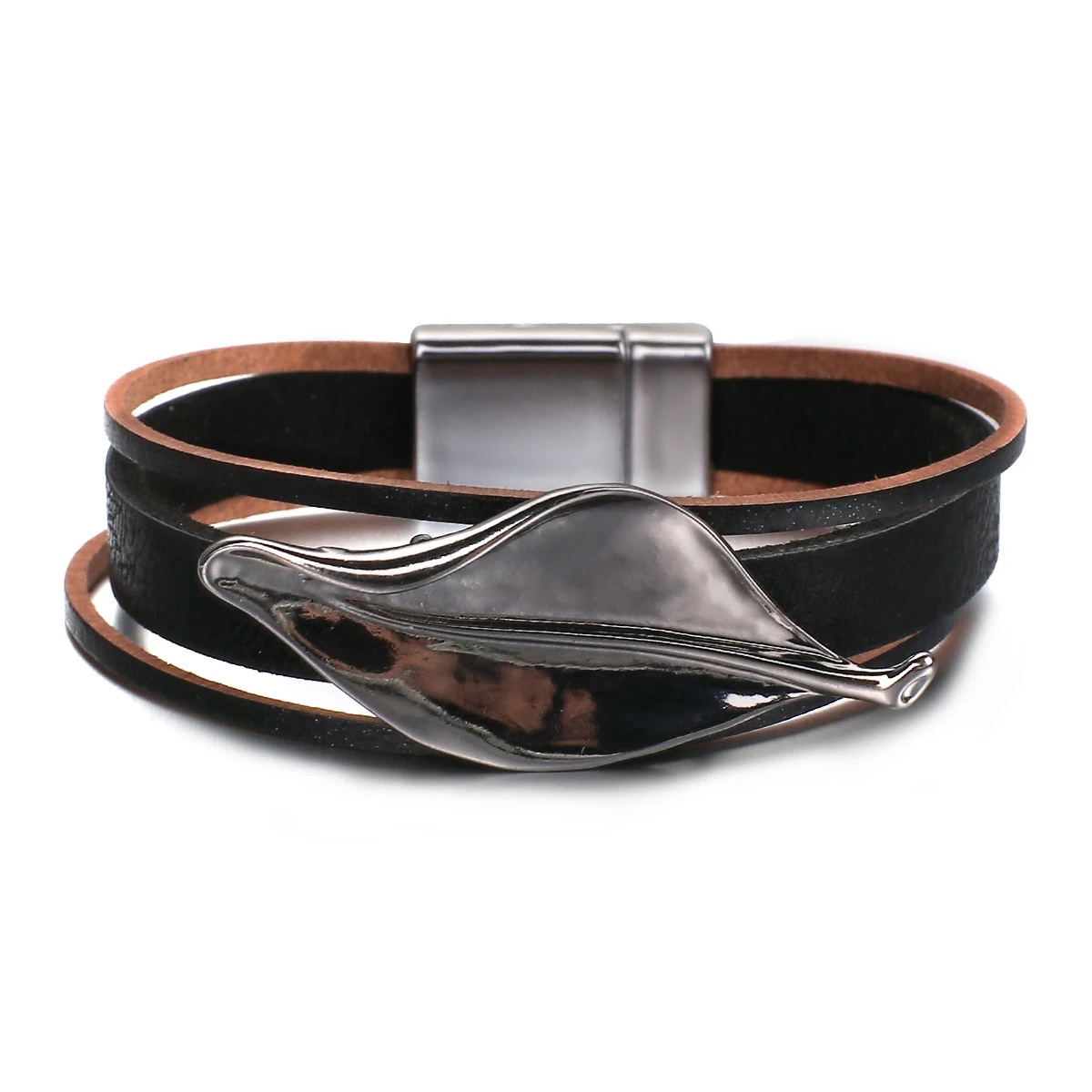 ALLYES Vintage Leaf Shaped Leather Bracelet for Women Men Punk Boho Multilayer Wrap Black Bracelets Jewelry Gifts