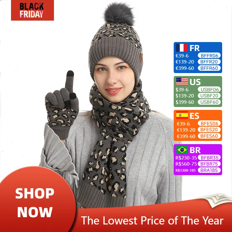 Chapeau et écharpe de luxe à motif léopard pour femmes, tendances de la mode, ensemble chaud trois pièces pour l'hiver, accessoires vestisens, cadeau