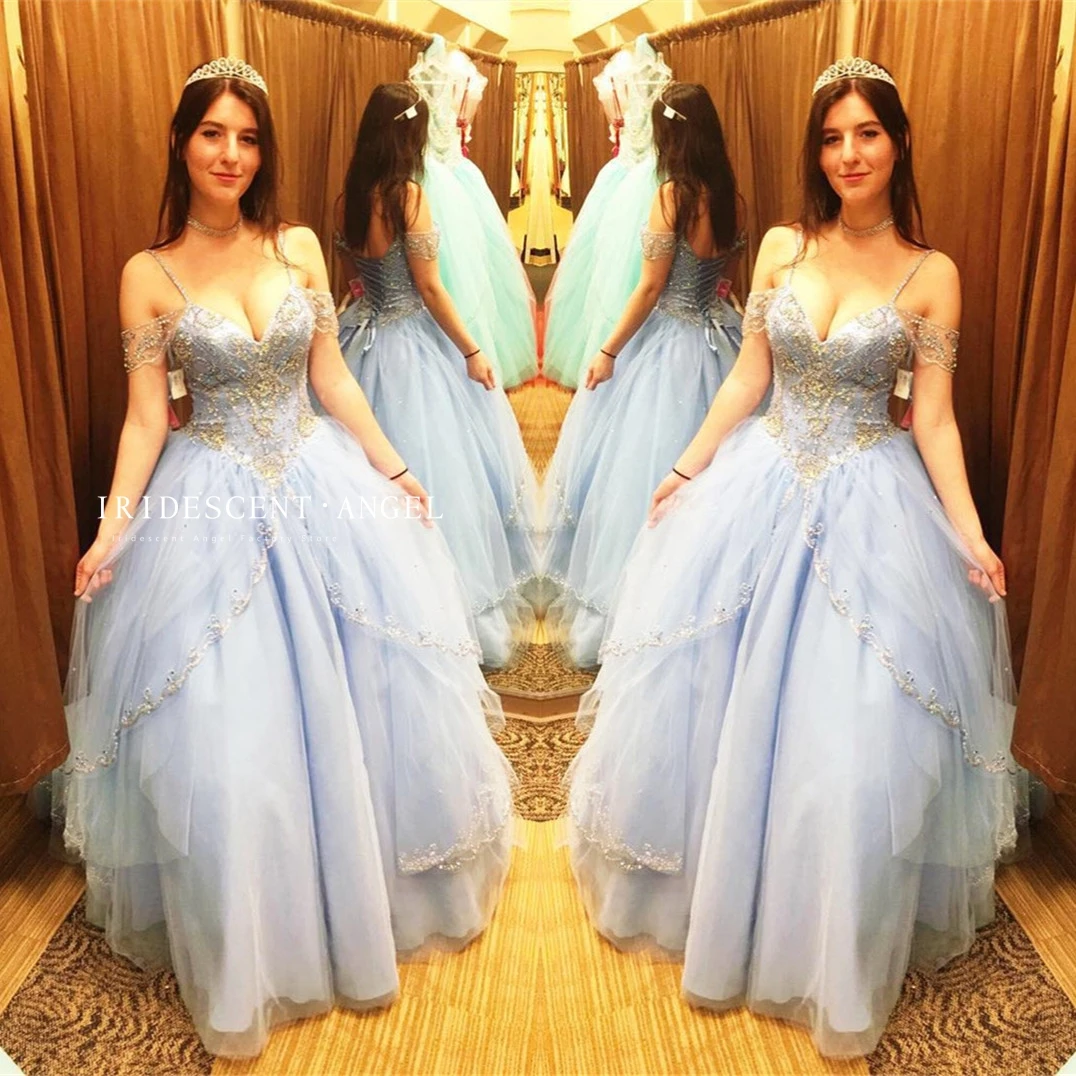 

IRIDESCENT Sexy Light Blue Lace Up Ball Gown Quinceanera Dress Sweet 16 Dress Robe De Soiree Spaghetti Strap Backless Vestido