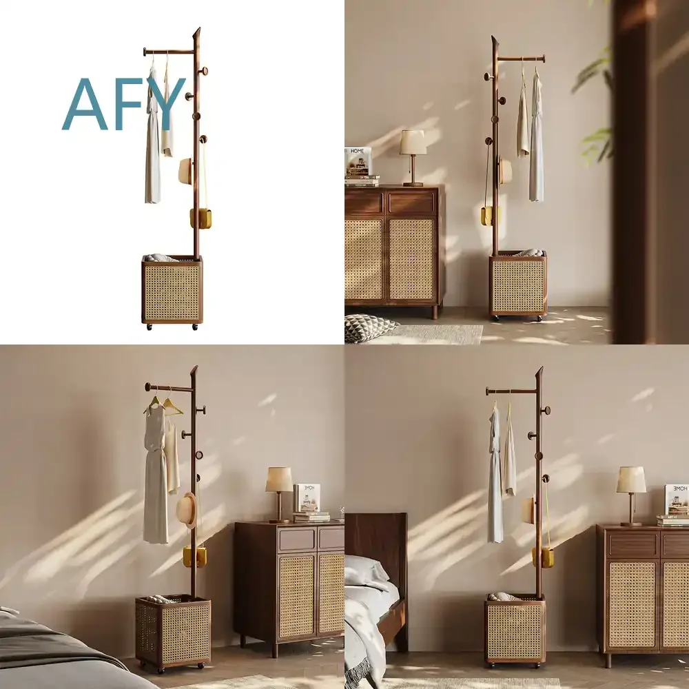 Simple Solid Wood Coat Rack for Bedroom Floor to Ceiling Rattan Basket for Black Walnut Furniture Storage Organizer Modern