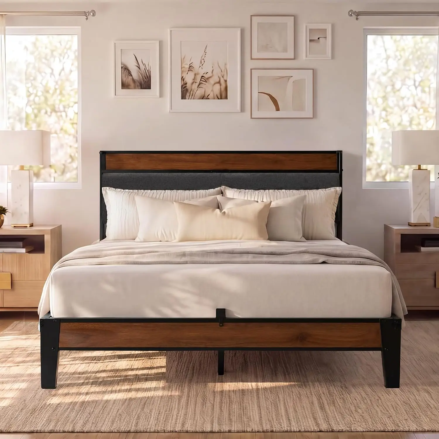 Full Bed Frame Storage Headboard Charging Station Upholstered Metal Frame Noise Free No Box Spring, Customized