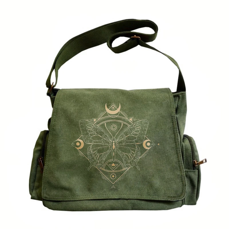 Bolso de hombro retro para mujer, bandolera de lona con mariposa mística, bandolera de gran capacidad