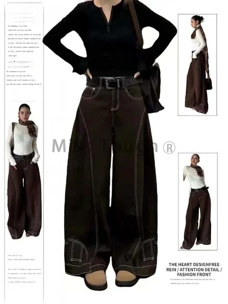 Jean Vintage marron à jambes larges pour femmes, pantalon en Denim Baggy de rue Y2k, Grunge Hip Hop américain rétro surdimensionné, années 2000