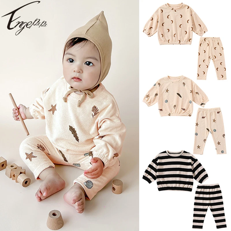 European Style Baby Boys Girls Printed Suit Toddler Baby Striped Set Boys Long Sleeves Top+Pants 2pcs Loose Baby Casual Set