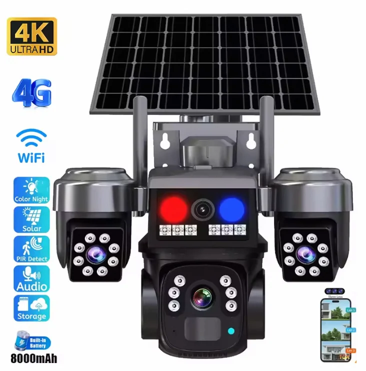 12MP 4K Red Blue Light Alarm True Triple Lens Triple View PTZ 360 Full Color Night Vision Outdoor PIR Solar WiFi Security Camera