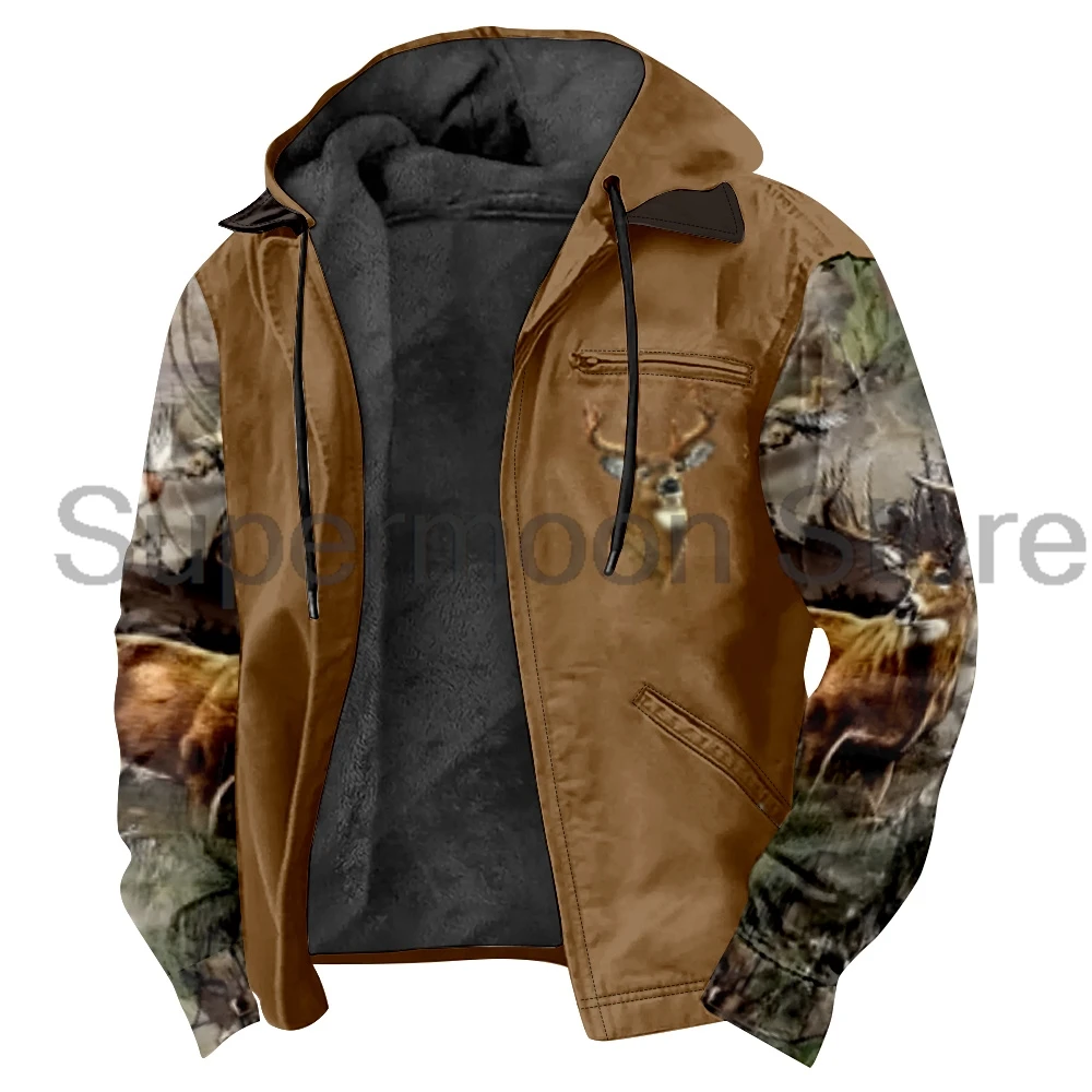 Camouflage Elk Print Deer Hunting Zipper Hoodies Long Sleeve Streetwear Women Men Jacket Parkas Unisex Winter Coat