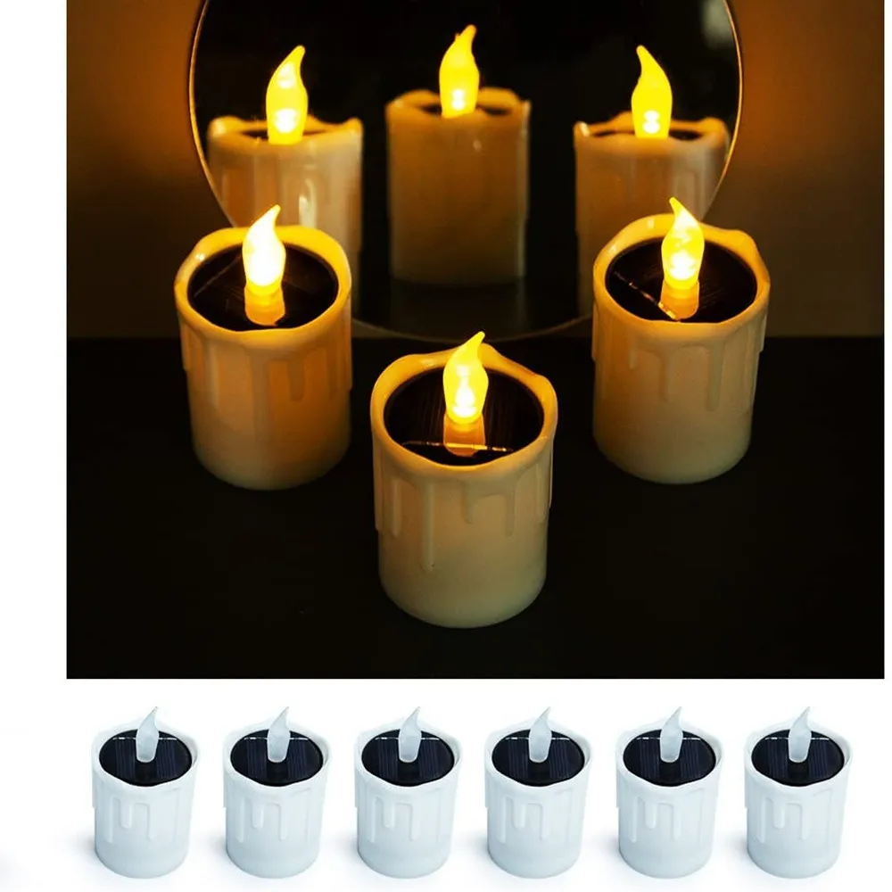 Velas solares de té para exteriores, luz parpadeante, sin llama, impermeable, para fiesta de Navidad, jardín, decoración del hogar, 6 piezas