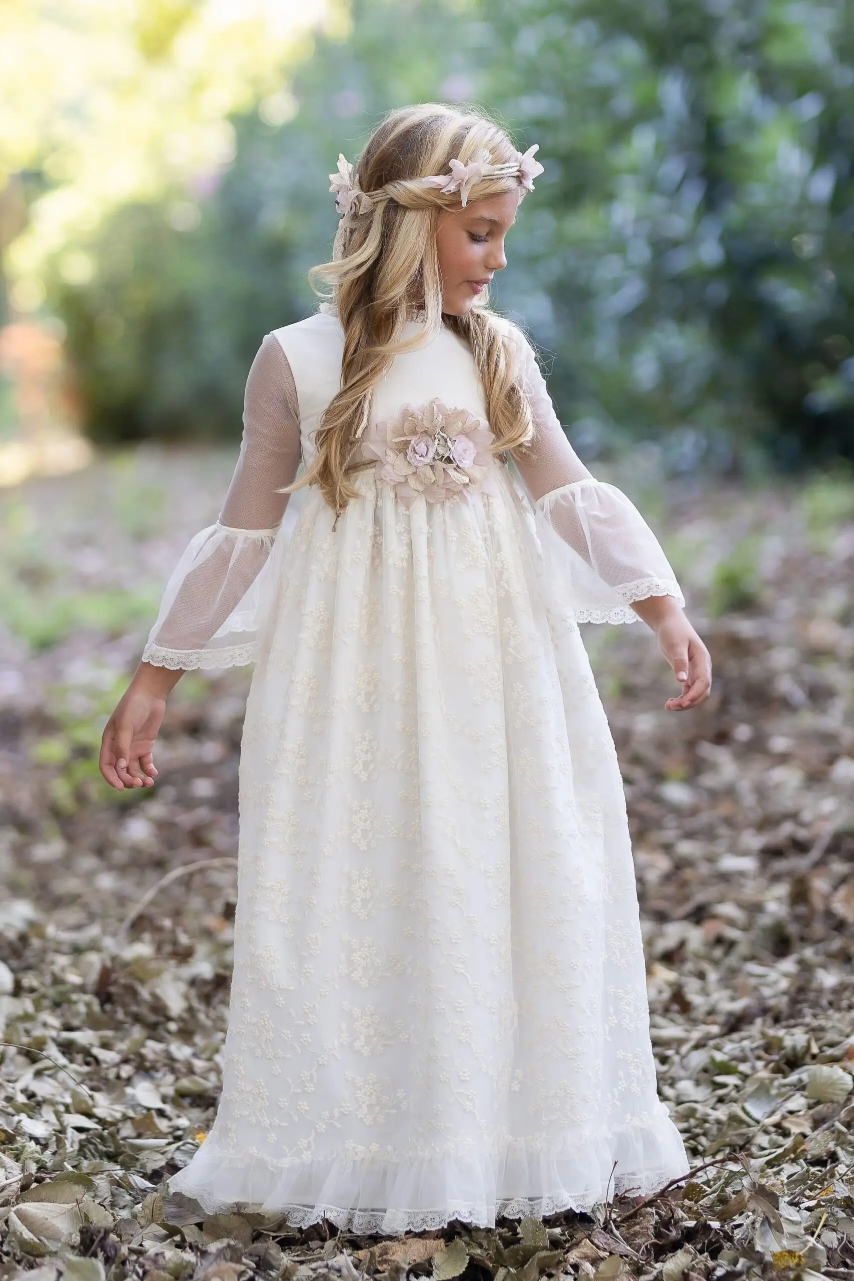 BABYONLINE Communion Dress Made of Smooth Tulles Gown with Flowers Belt and Embroidered Floral Tulle Skirt Boho Princess Vinatge