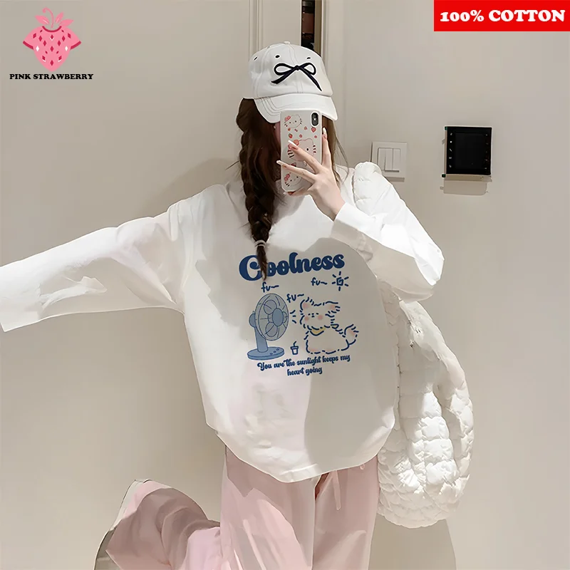 

Korean style Sweet Long sleeved T-shirt Women Autumn 2025 New 100% Cotton Cat Print T-shirt Loose Casual Y2k Top kawaii clothes