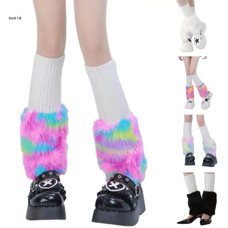 Harajuku Plush Leg Warmers Winter Warm Colorful Fuzzy Boot Toppers Covers Women Ribbed Knitted Footless Socks Streetwear X7YA