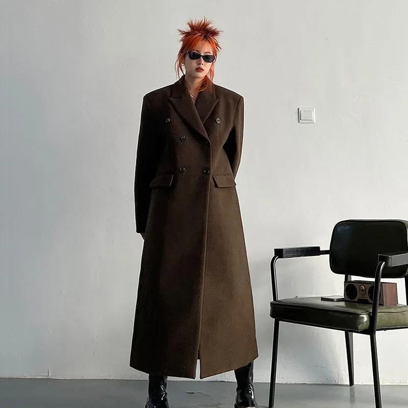 

Autumn Winter Mid-Length Double-breasted Notched Collar Imitation Woolen-clothes Coat Casual Long Sleeve Female Woolen Outerwear