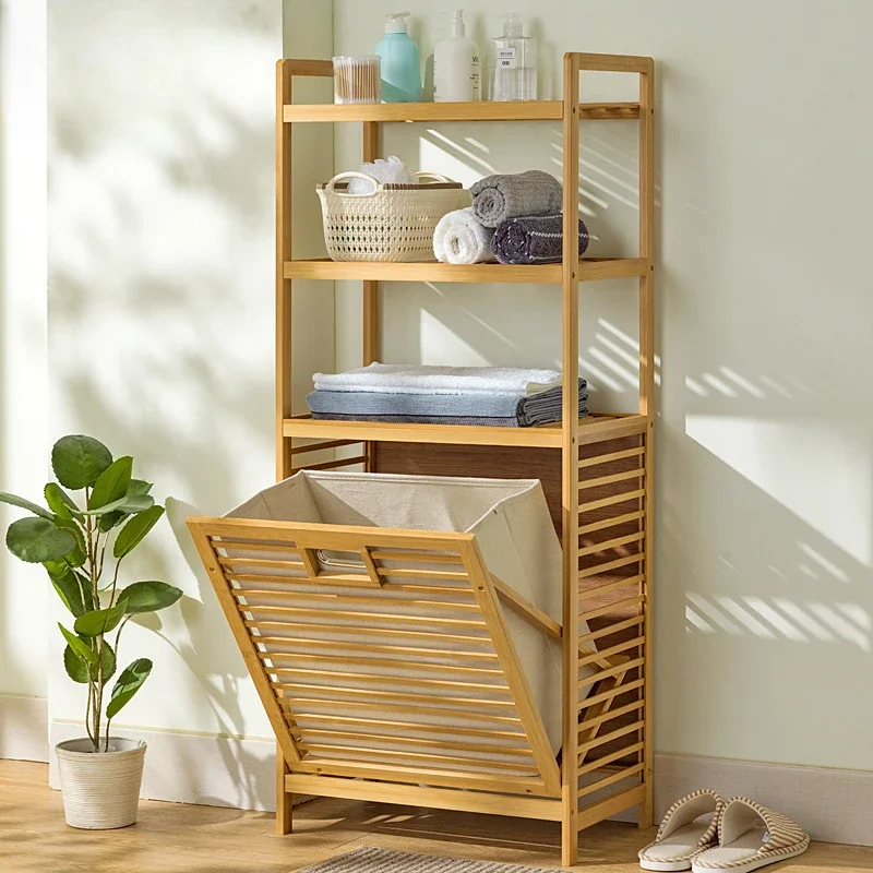 Multi-function 3/4 Tier Bathroom Racks Laundry Hamper Dirty Clothes Storage Basket Side Rack with Shelf Bamboo Storage Hamper