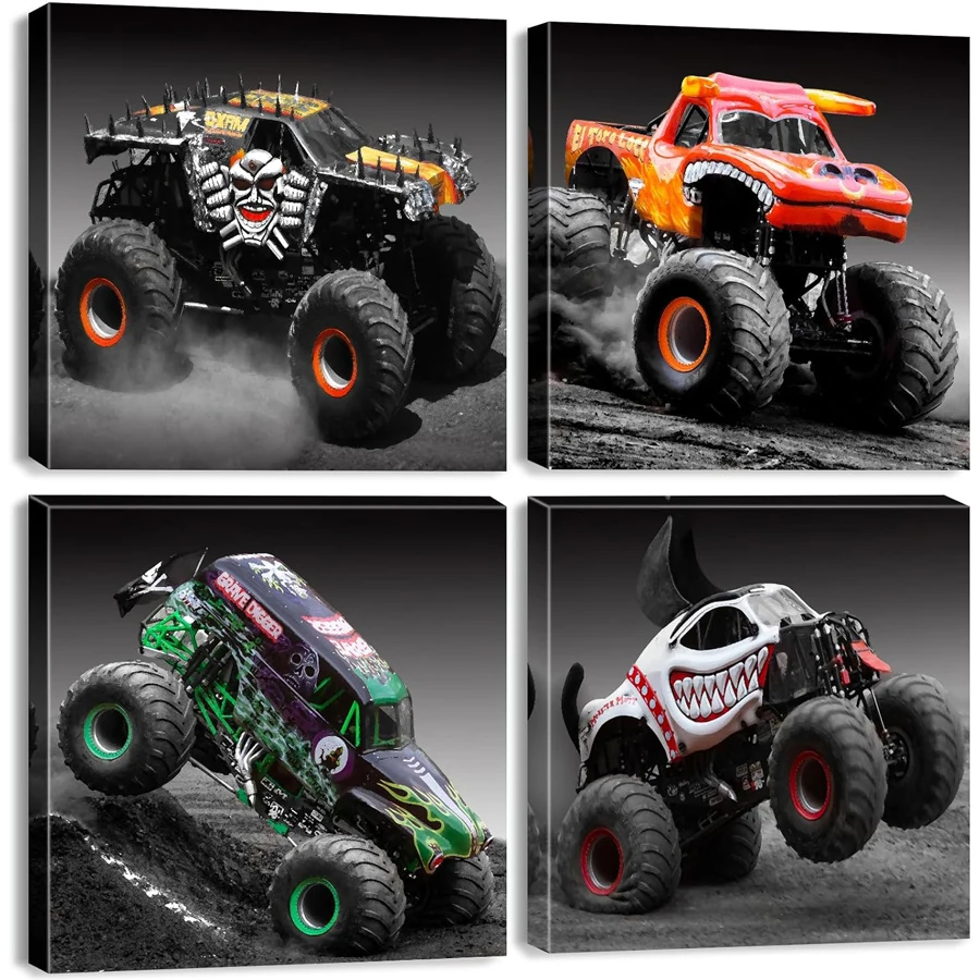 Monster truck diamond embroidery wall art boy room decoration black and white car diamond painting cross stitch mosaic 4 pcs set