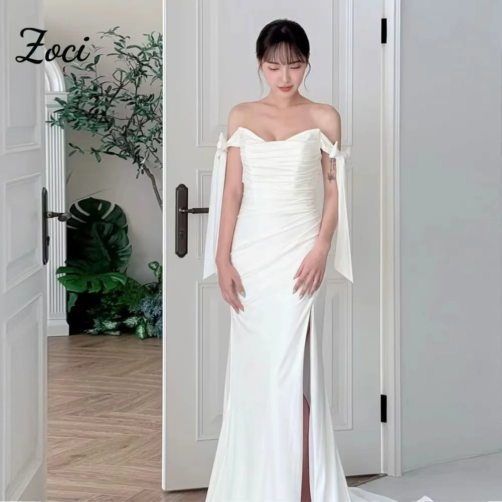 

Zoci Elegant Off The Shoulder Korea Wedding Dresses Satin ALine Formal Occasion Wedding Party Dress Photos Shoot Customized