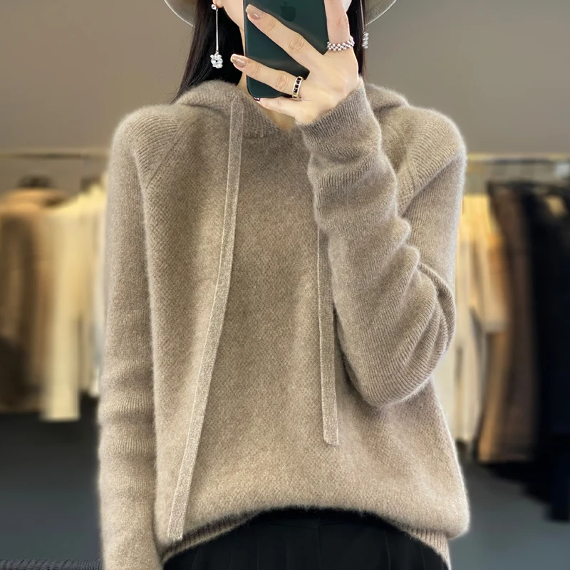 Honeycomb new 100% Merino wool hoodie Autumn/winter cashmere sweater Women's O-neck hoodie warm bottom knit shirt top