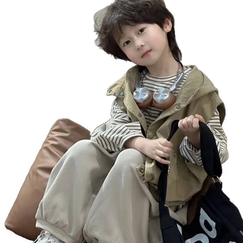 

Spring Autumn Children's Versatile Hooded Cargo Vest, Bloomers & Striped Shirt 3PCS Outfit Set for Boys Girls Casual Daily Wear