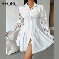 Women 2024 Spring Dress Hook Flower Hollow Long Sleeves A-line White Shirt Dress