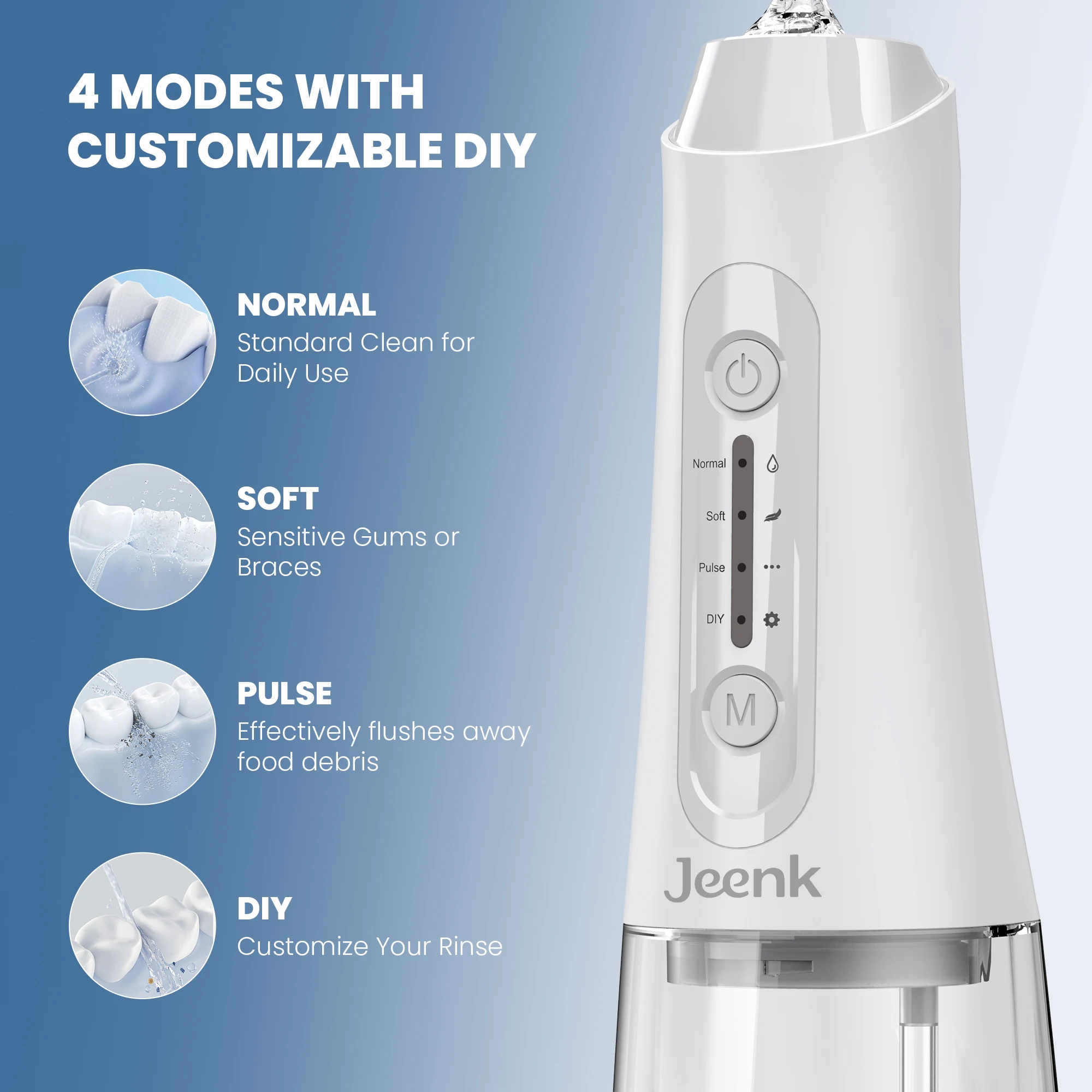 Jeenk 320ML 구강 세정기 USB 충전식 워터 플로셔 휴대용 치과 워터 제트 치아 클리너 4 모드 성인 방수