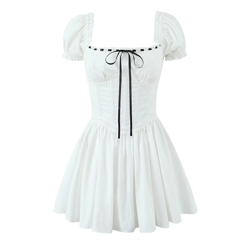 YENKYE New Women Sexy Off Shoulder White Mini Dress Short Sleeve Low Waist Lace Up Back Sweet Summer Dresses Cotton Robe